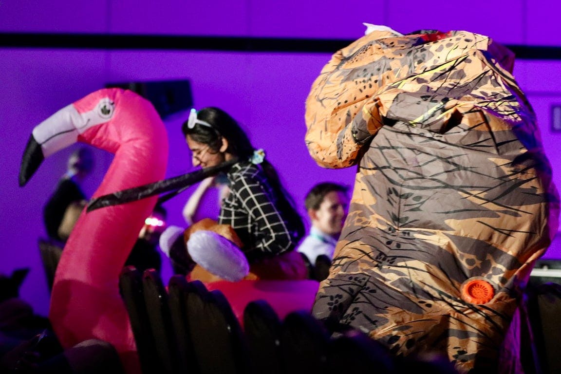 A group of people in animal costumes on stage